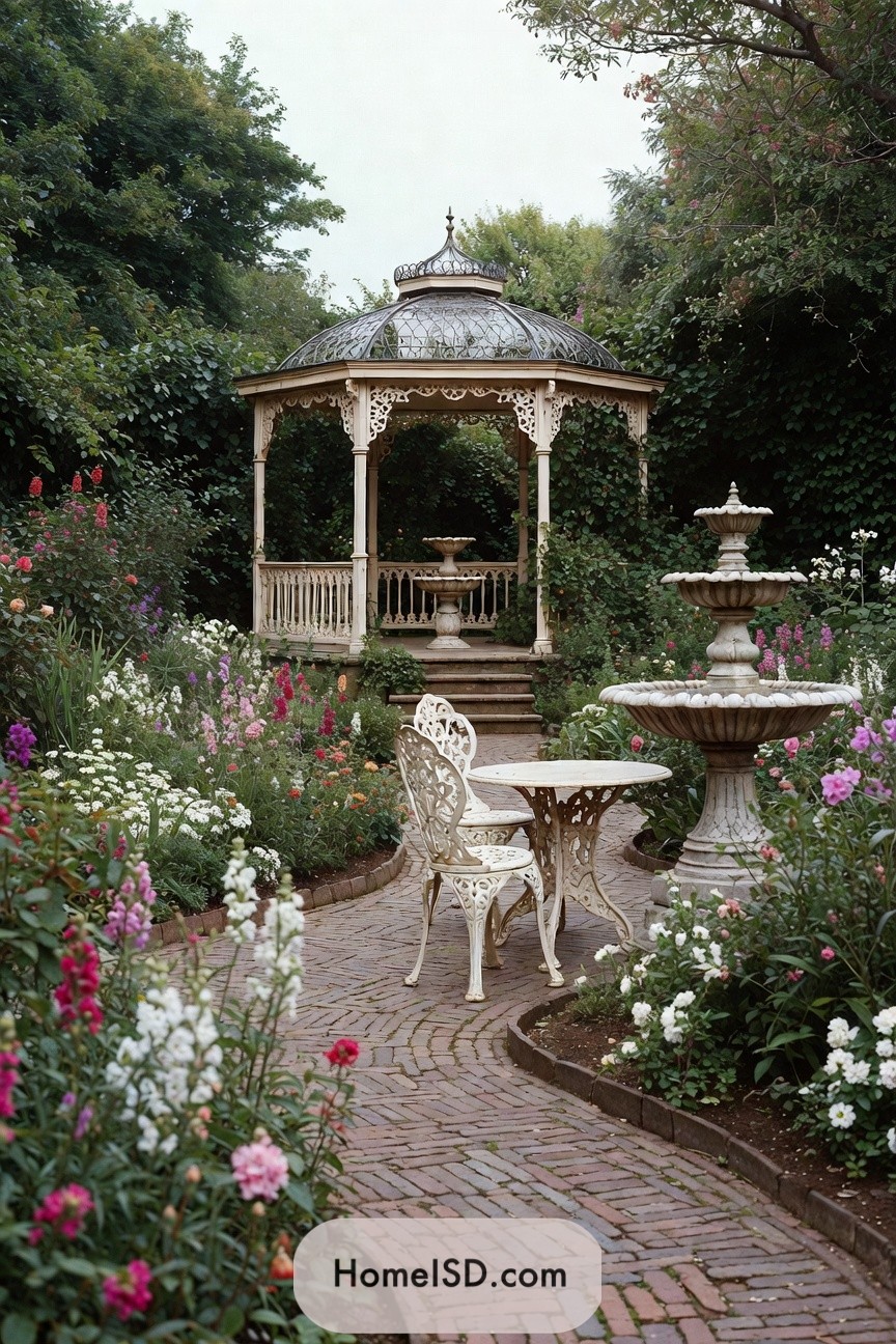 Ornate garden gazebo with fountain, bistro set, and brick path surrounded by colorful flowers