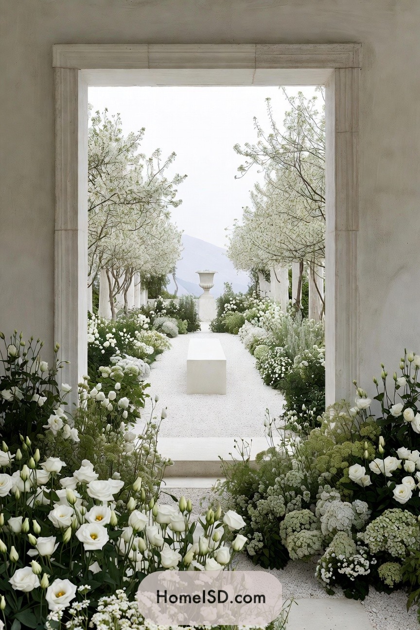 Formal white garden walkway framed by blossoms