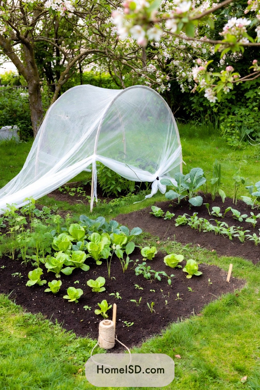 Small vegetable beds with a white mesh tunnel cover beneath flowering orchard trees