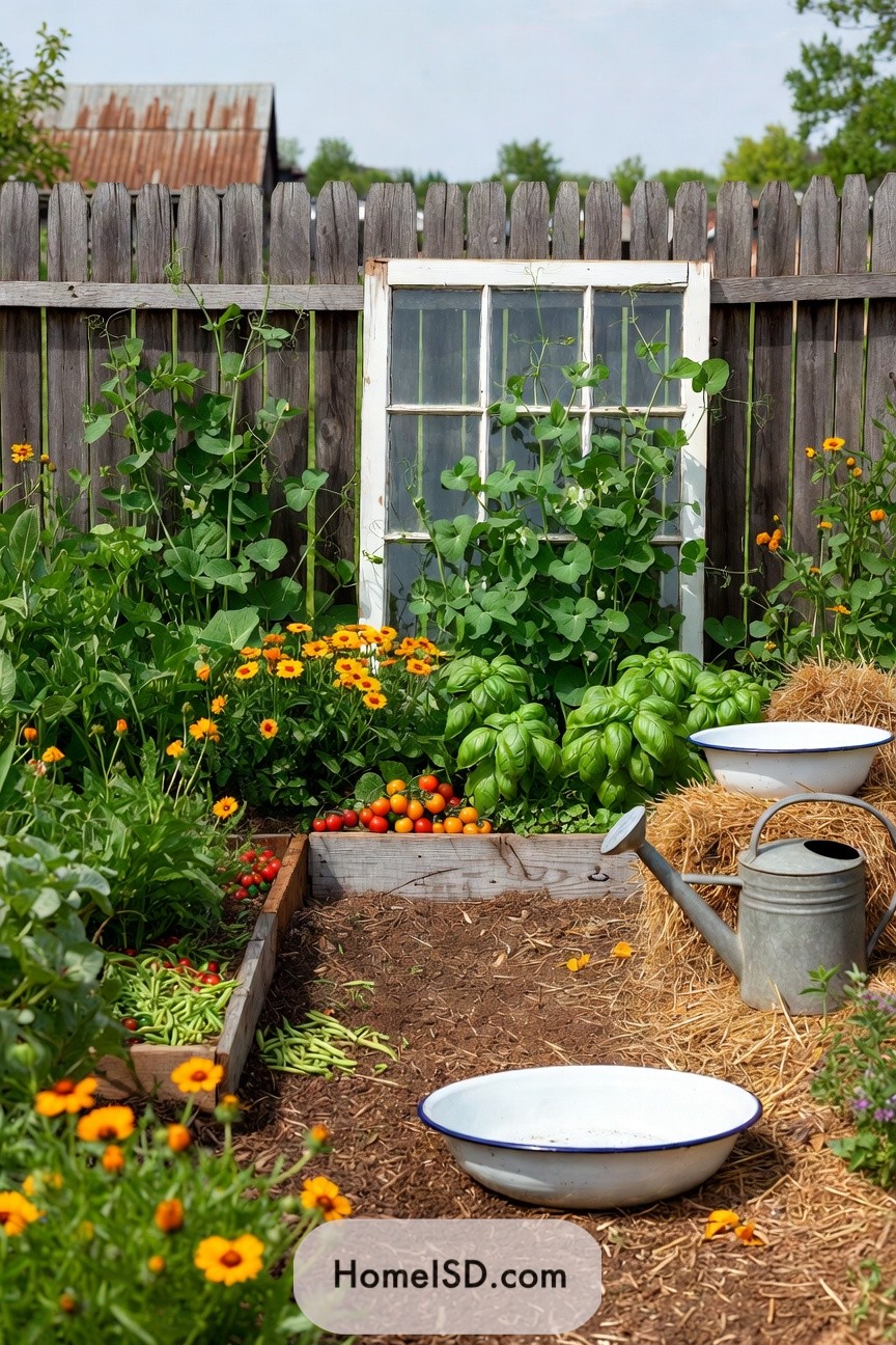 Rustic backyard vegetable beds framed by a vintage window and wooden fence