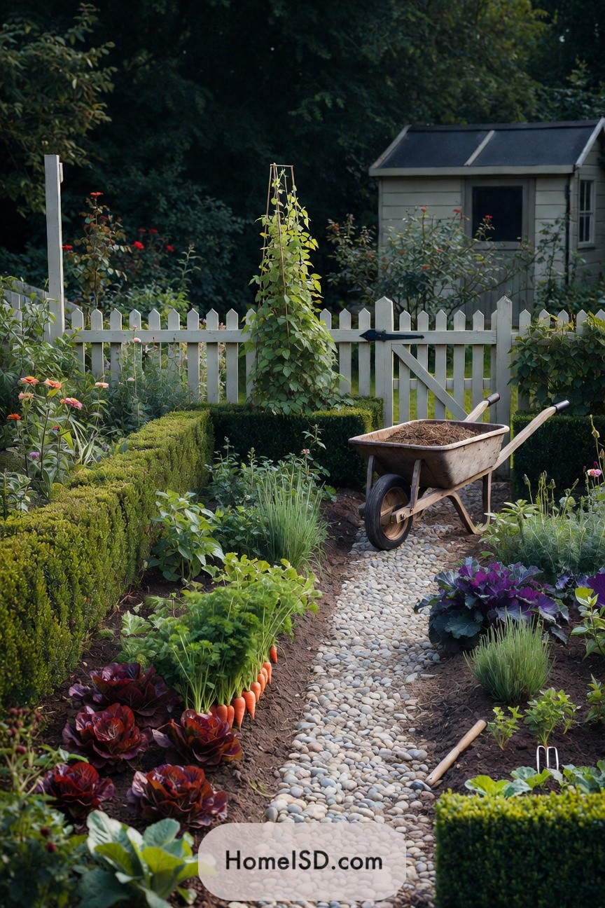 Neat vegetable garden with pebbled path and wheelbarrow