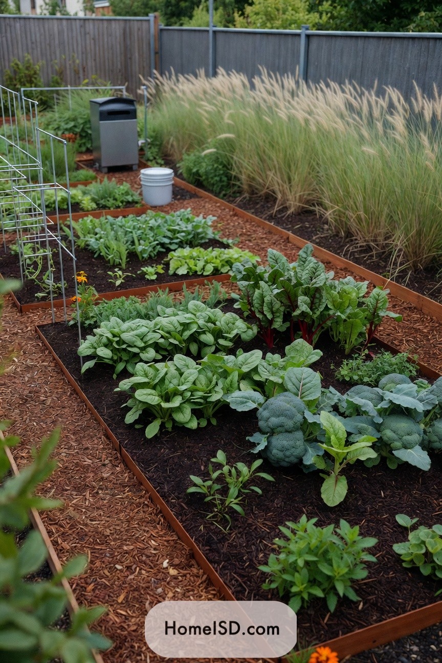 Neatly arranged raised vegetable beds bordered by ornamental grasses
