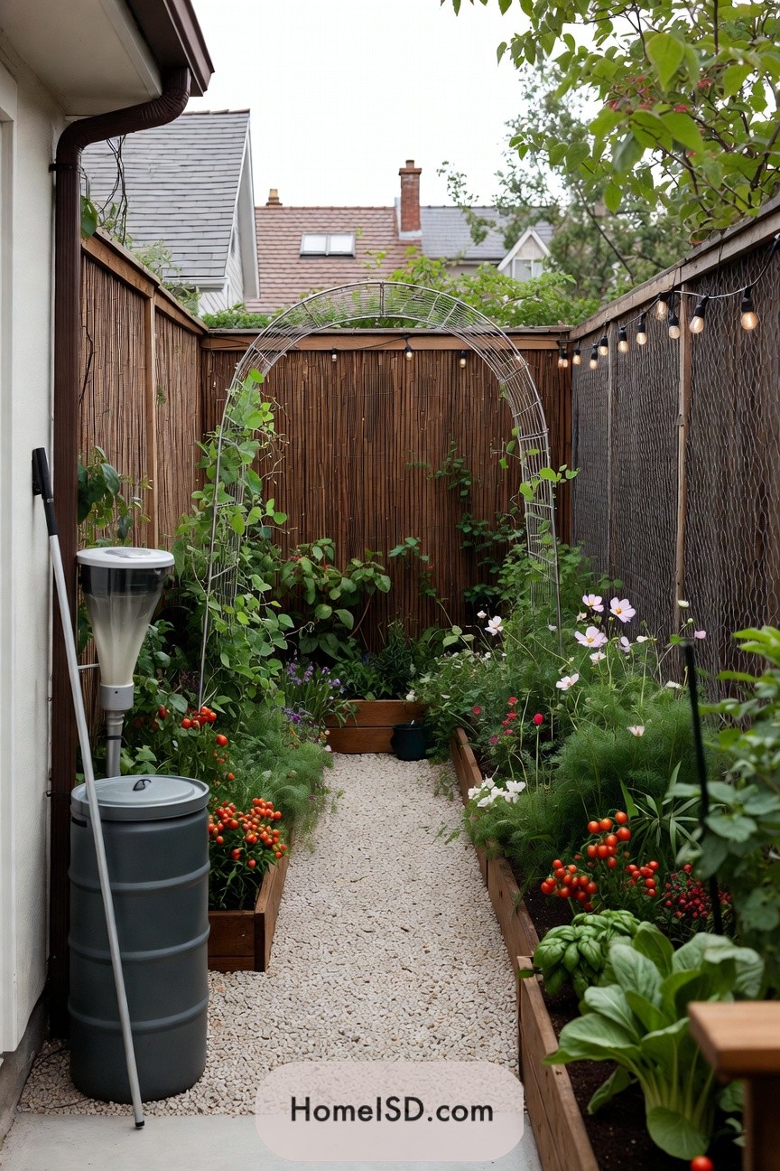 Narrow side yard vegetable garden with trellis arch and raised beds