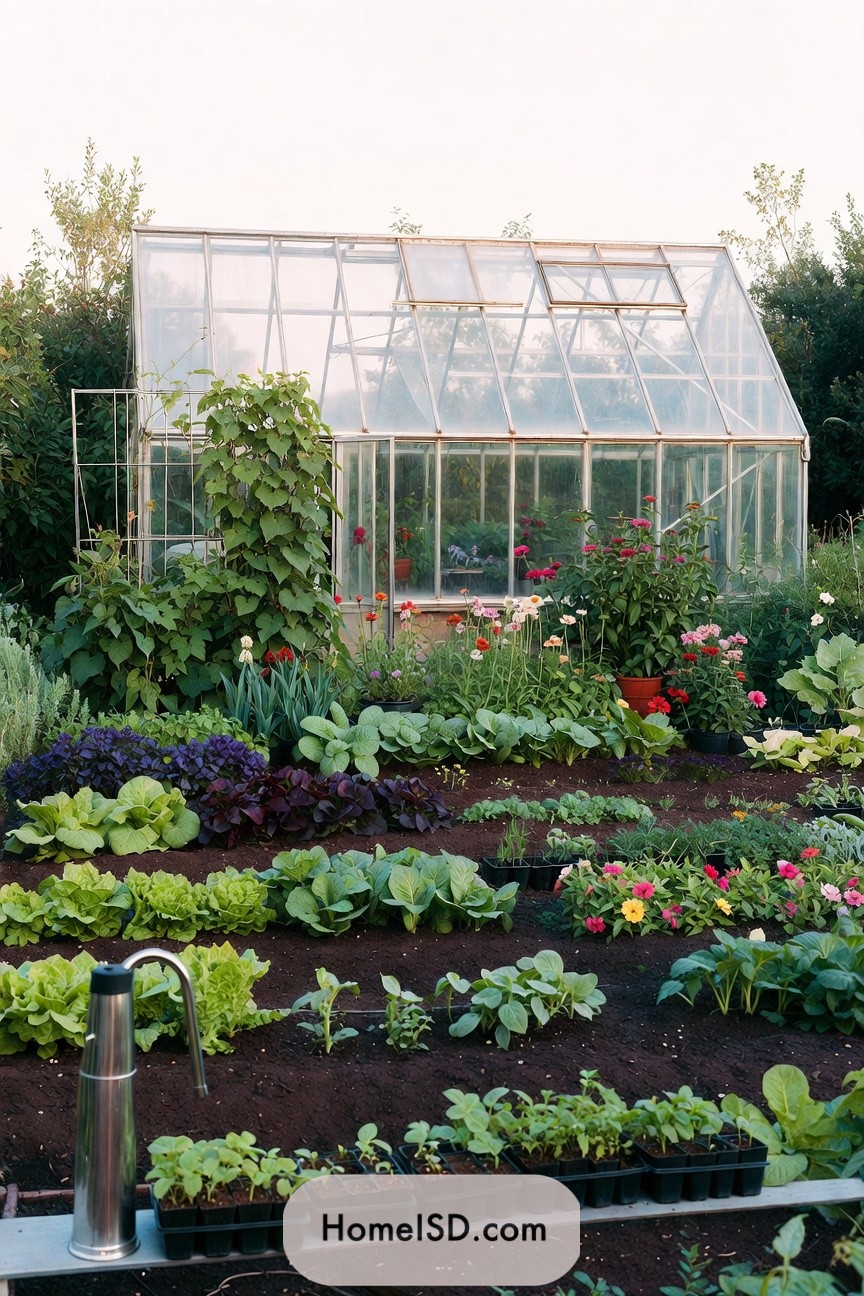 Greenhouse backdrop with layered vegetable beds