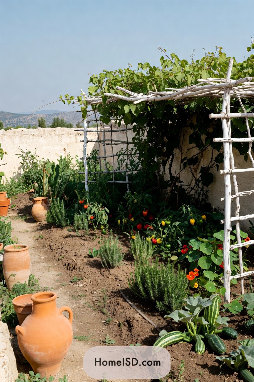 Mediterranean courtyard vegetable garden with rustic trellis