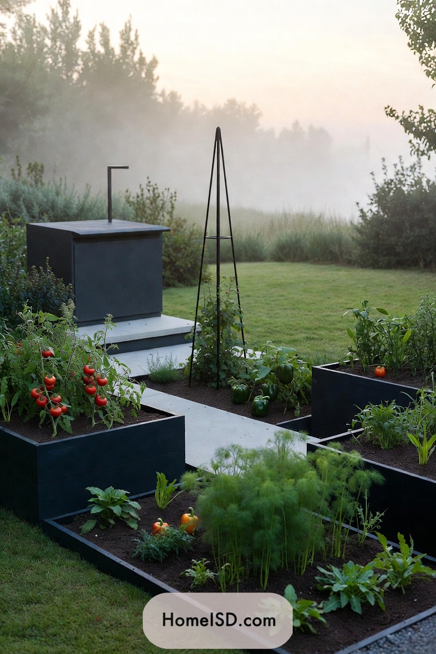 Modern black raised beds filled with vegetables beside a sleek garden sink