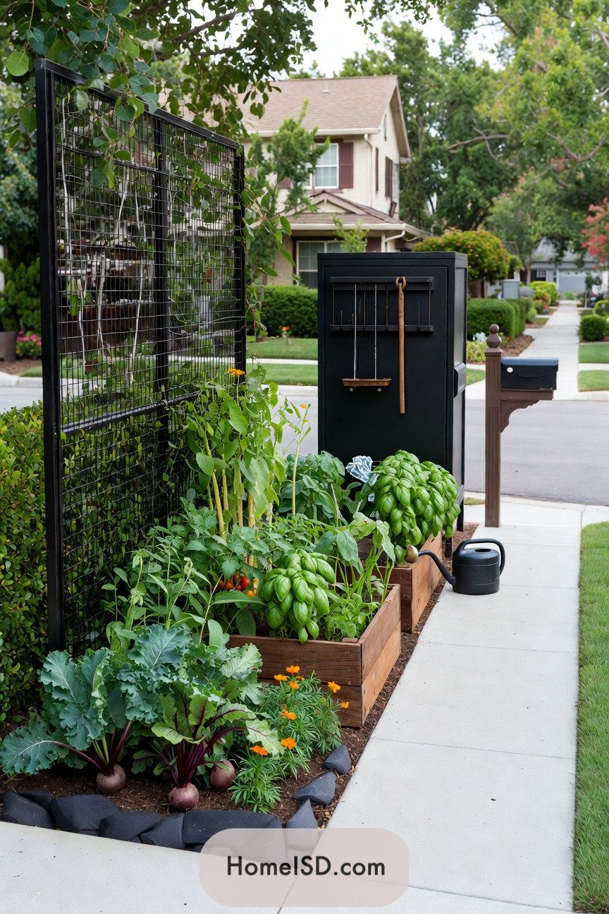 Narrow curbside raised vegetable garden with tall black trellis and tool cabinet
