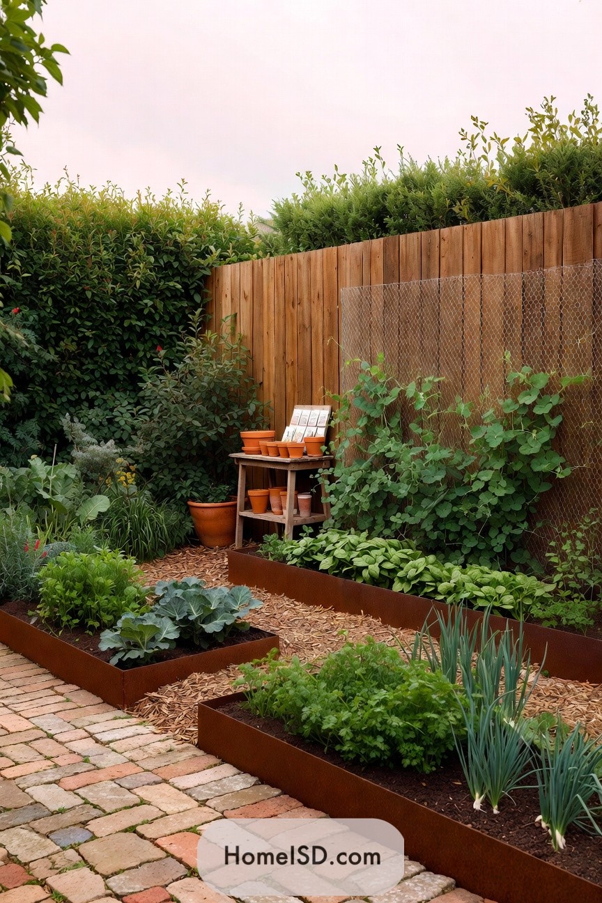 Rusty metal raised beds in a neatly organized backyard vegetable garden