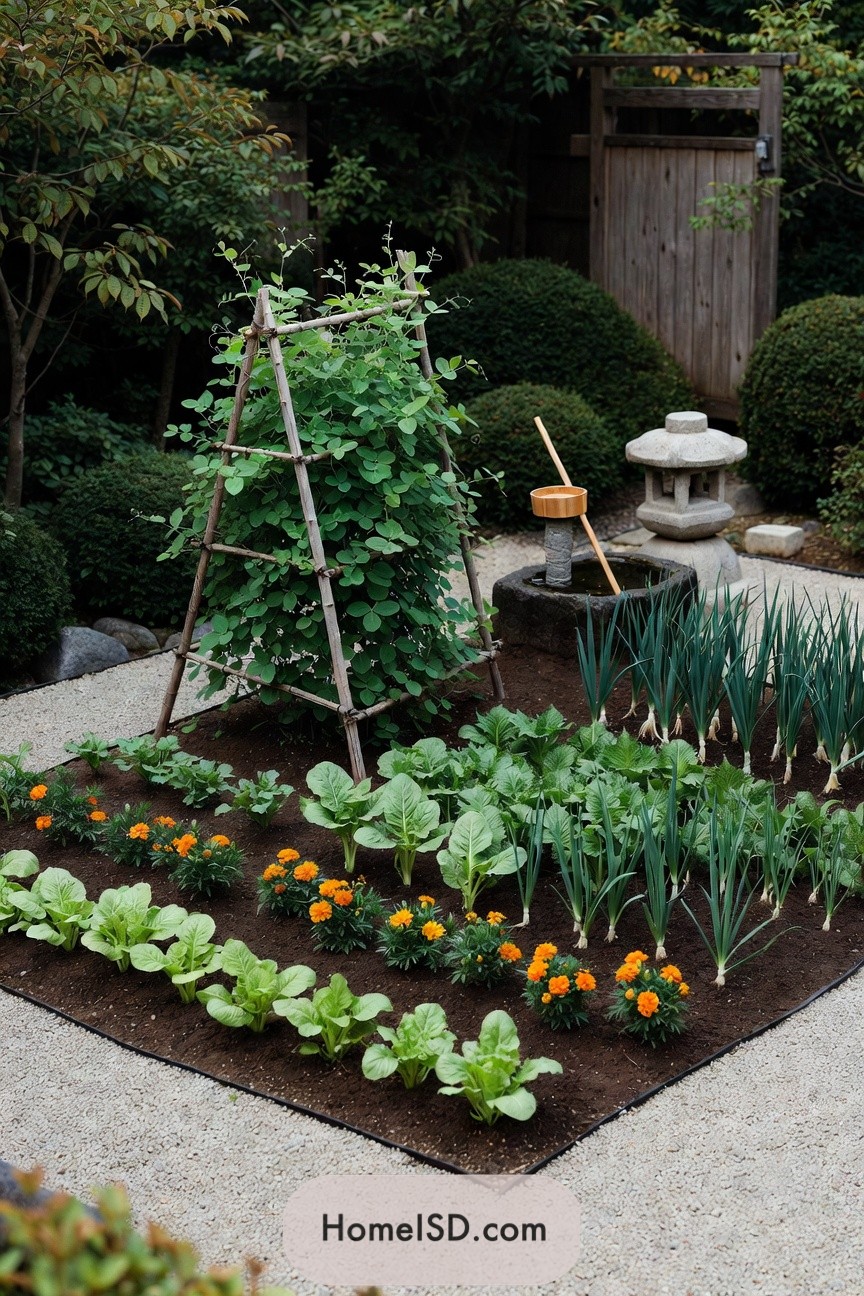 Small Japanese-style vegetable bed with bamboo trellis, marigolds, and stone water feature