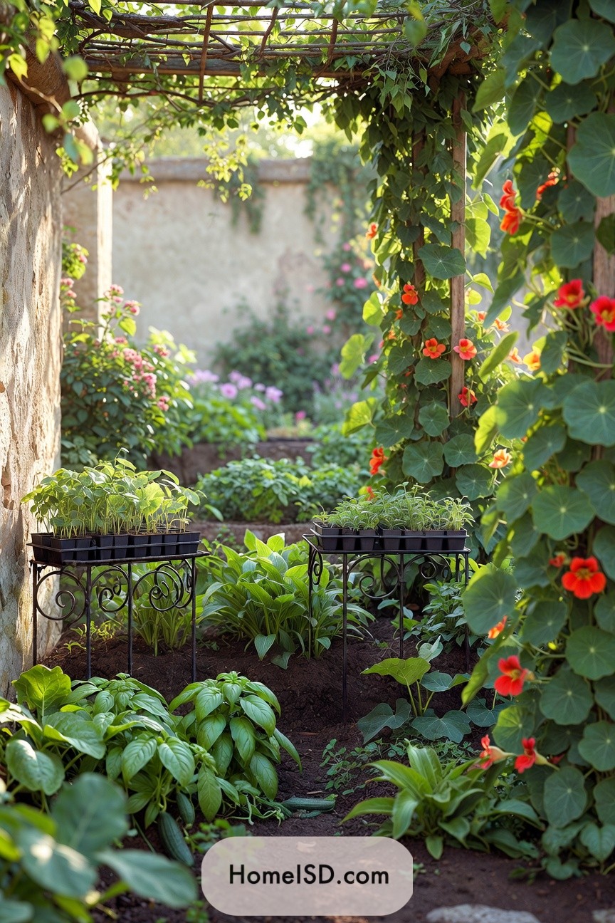 Narrow arbor-covered vegetable garden with vines and seedlings