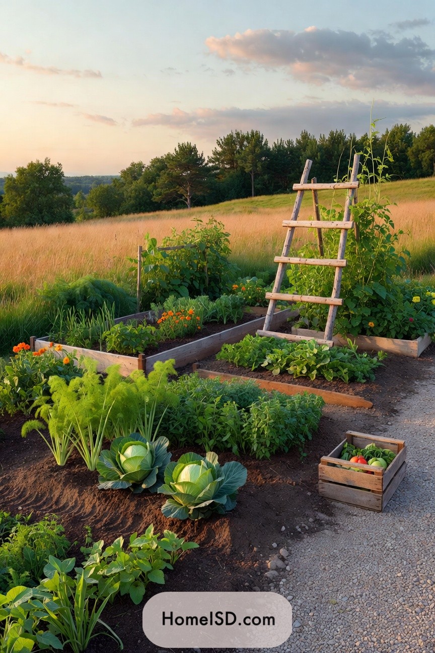 Small raised bed vegetable garden beside an open field at sunset