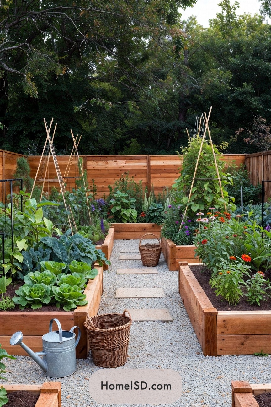 Neat raised beds with trellises in fenced garden