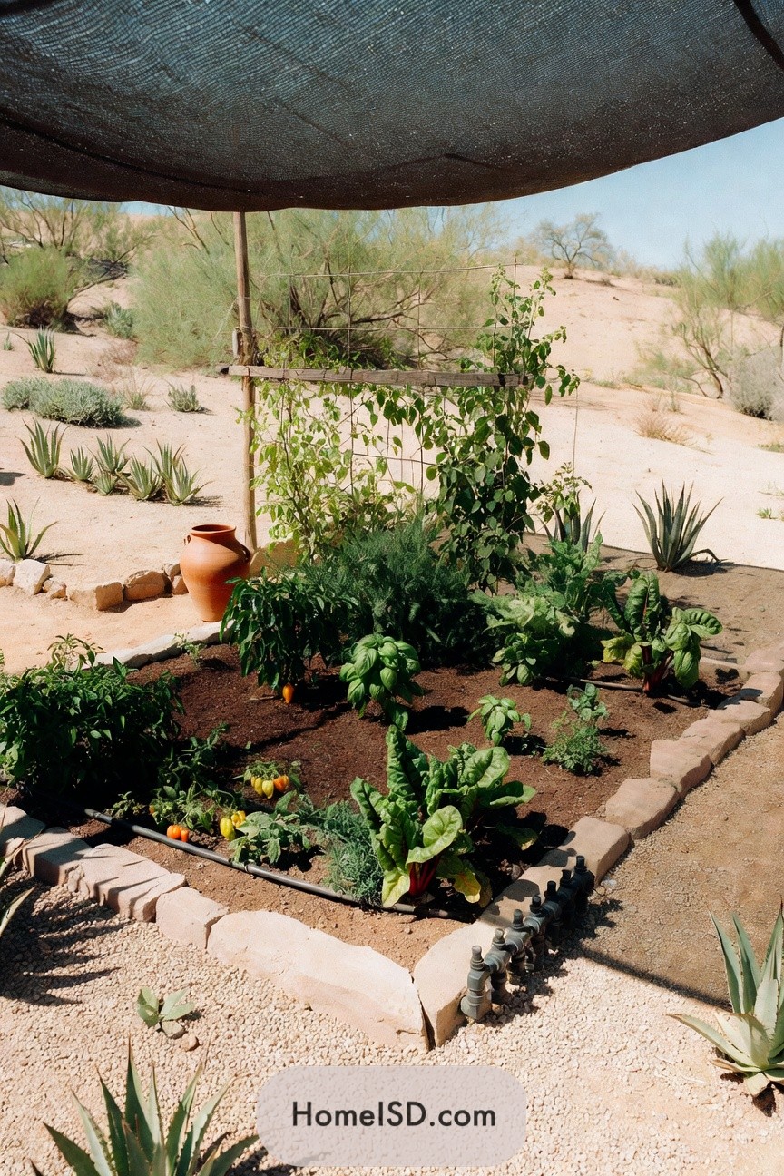 Small desert vegetable garden under shade cloth with stone edging and trellis