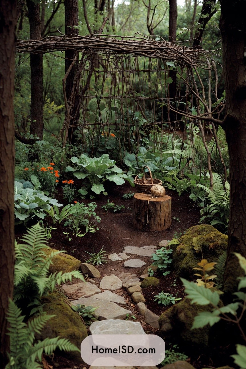 Small woodland vegetable garden with stone path, mossy rocks, and a rustic twig arbor