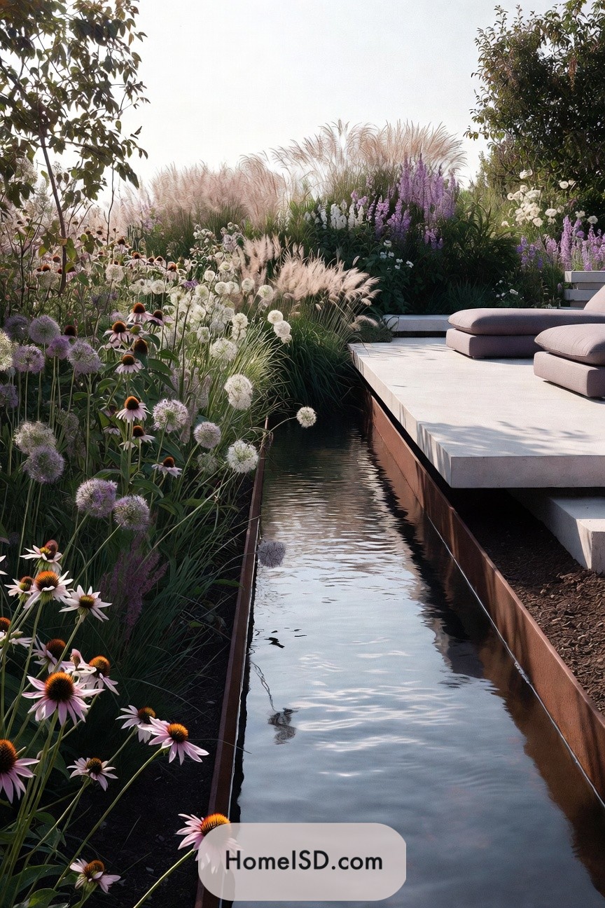 Modern garden terrace with loungers beside a narrow reflecting water channel edged in lush summer flowers and grasses