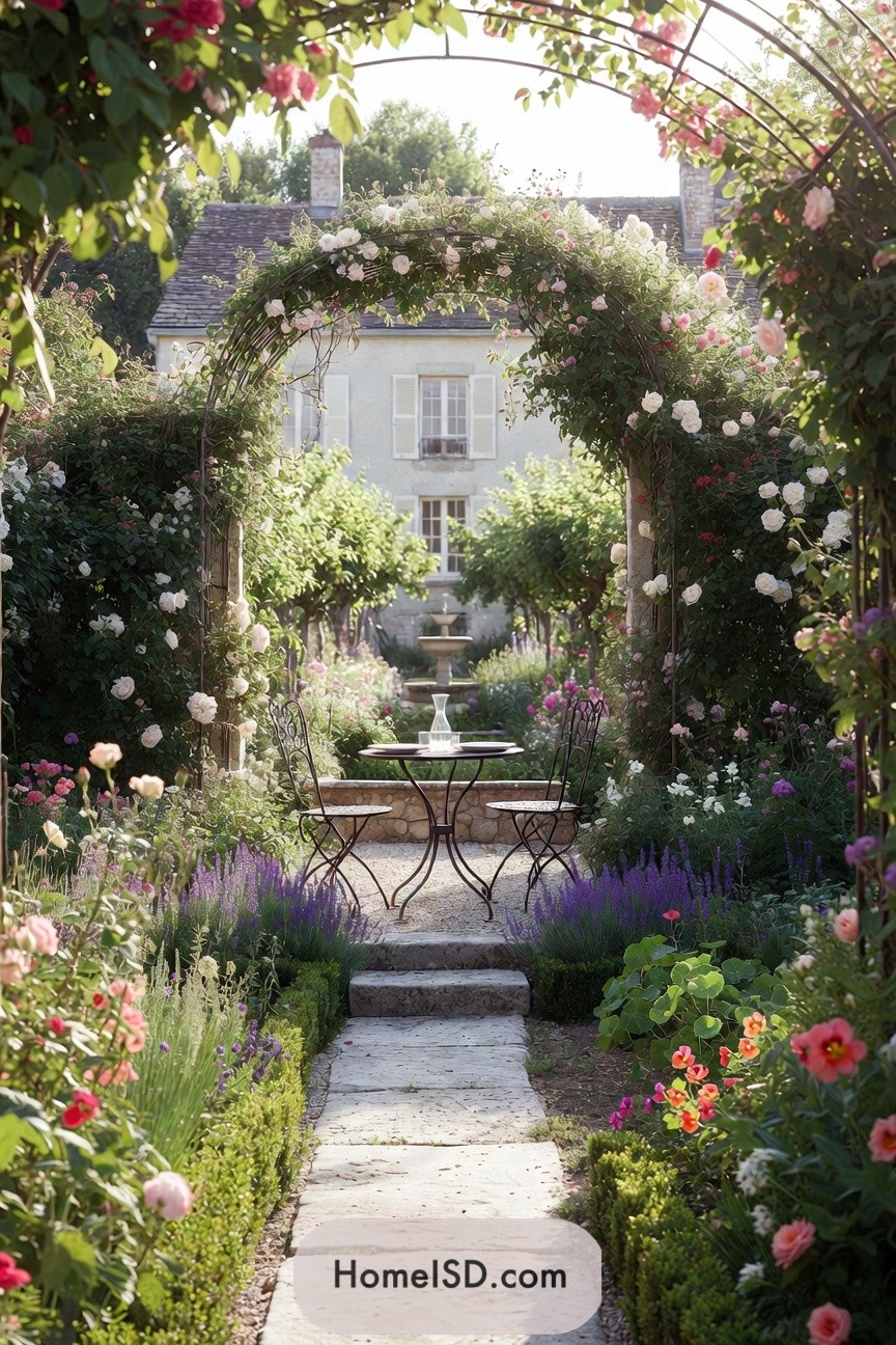 Romantic garden courtyard with rose-covered arches and bistro set