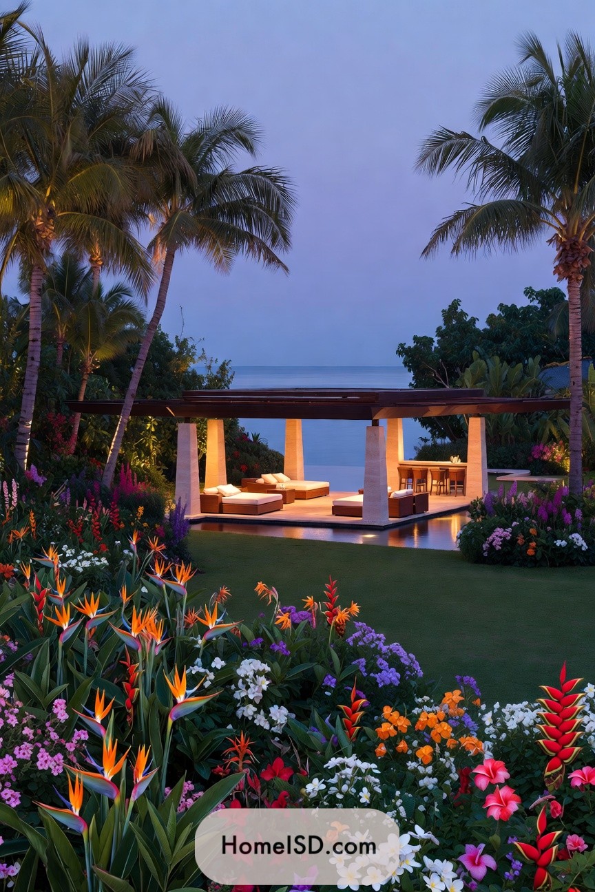 Tropical garden with colorful flowers framing a glowing seaside lounge pavilion at dusk