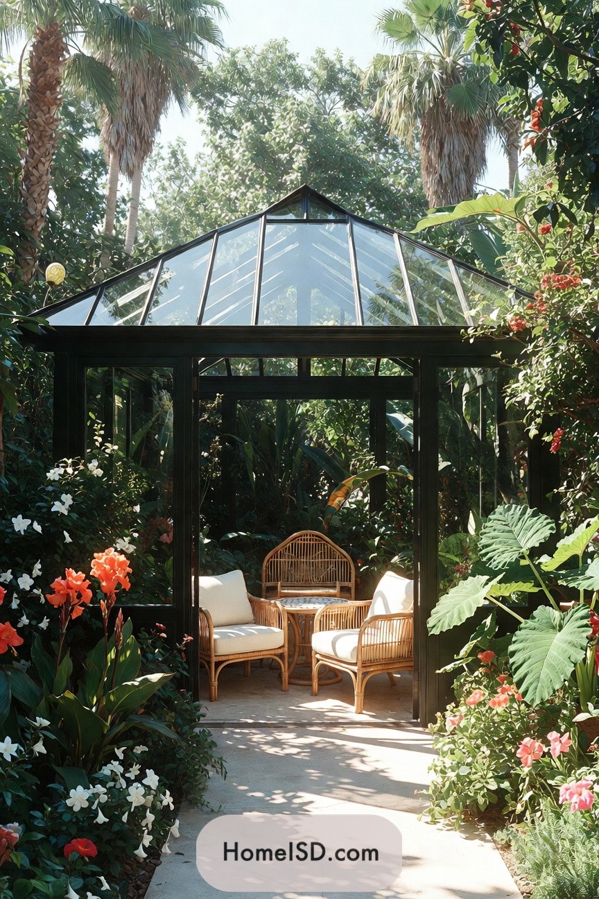 Glass garden pavilion with rattan seating surrounded by lush tropical plants and flowers