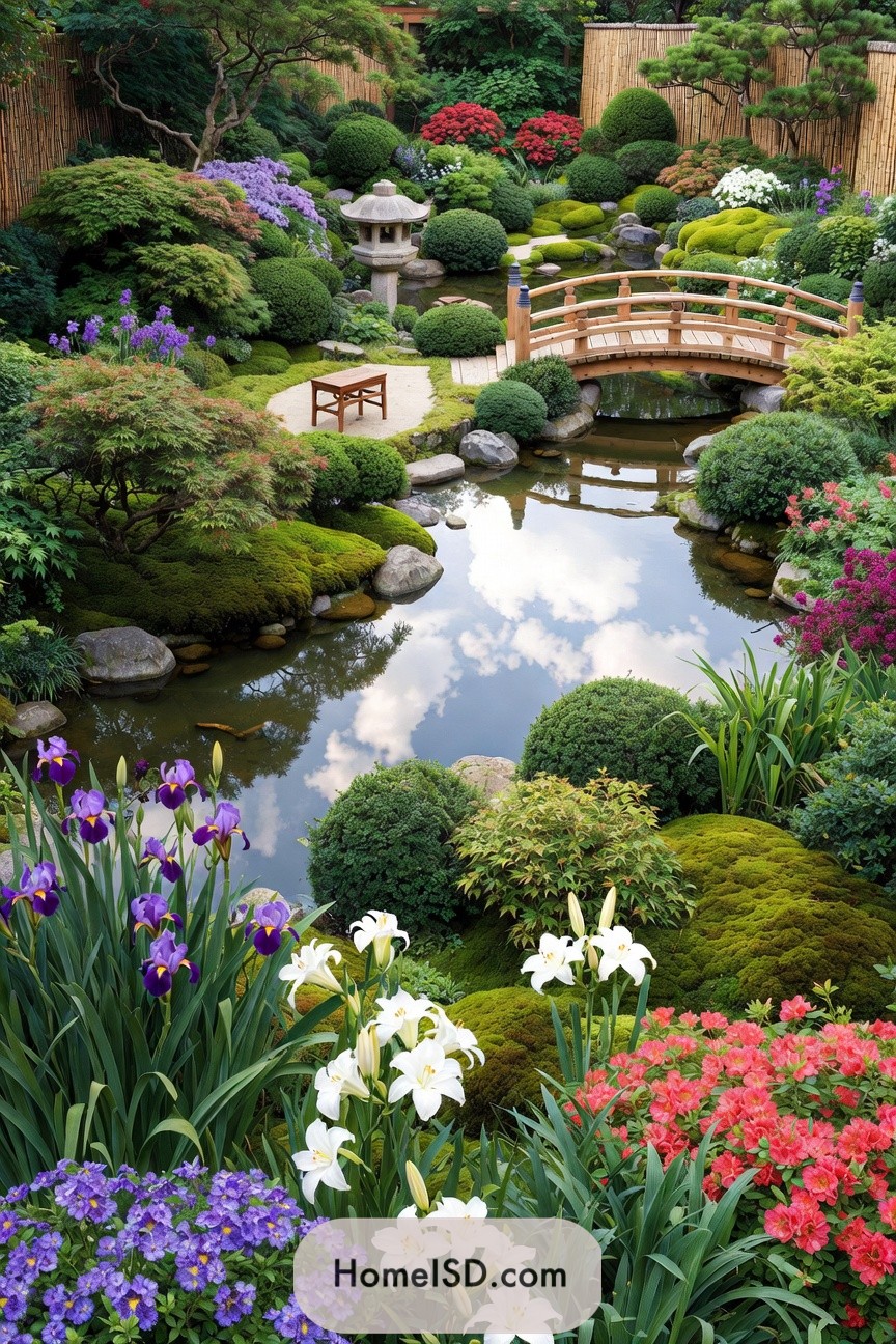 Japanese-style garden with pond, arched bridge, and colorful summer flowers