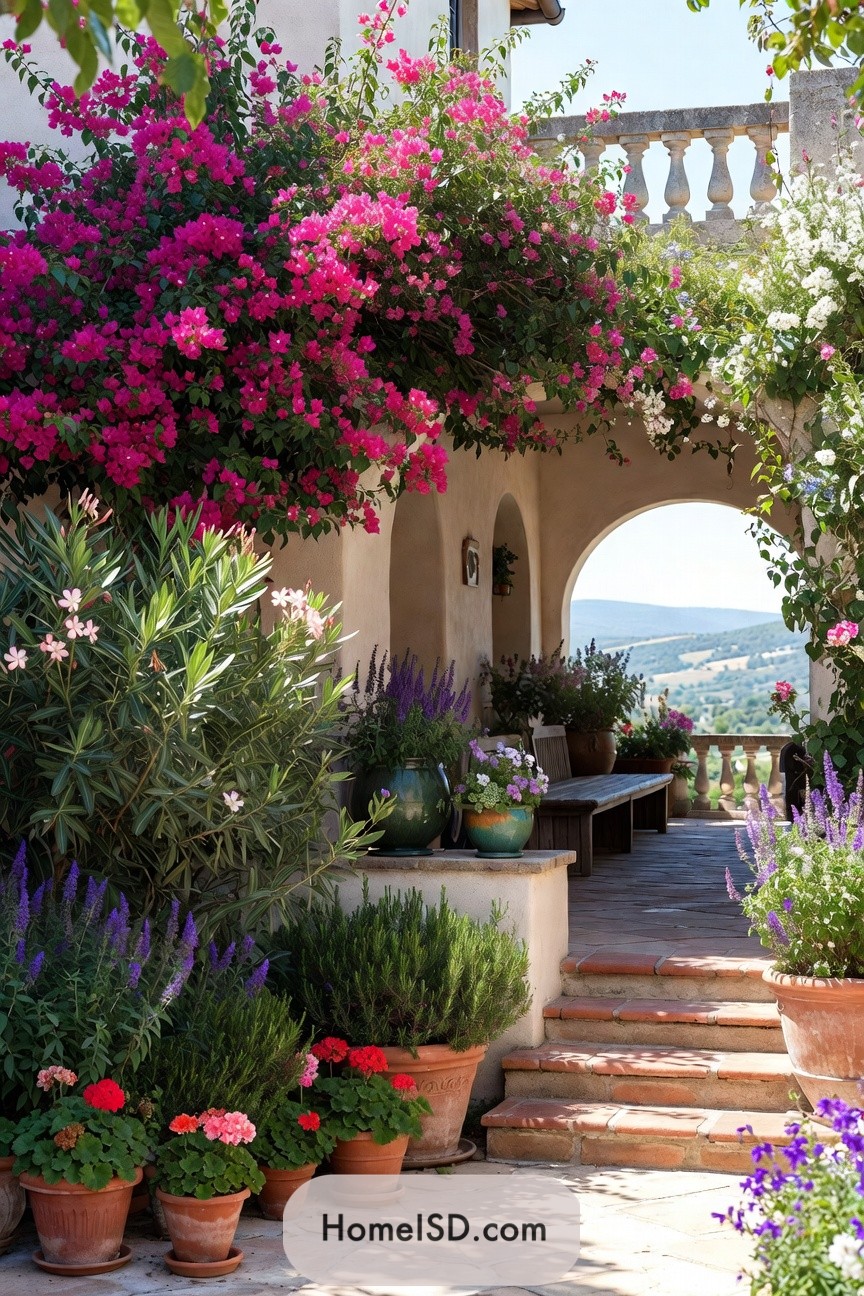 Mediterranean porch covered in colorful summer flowers