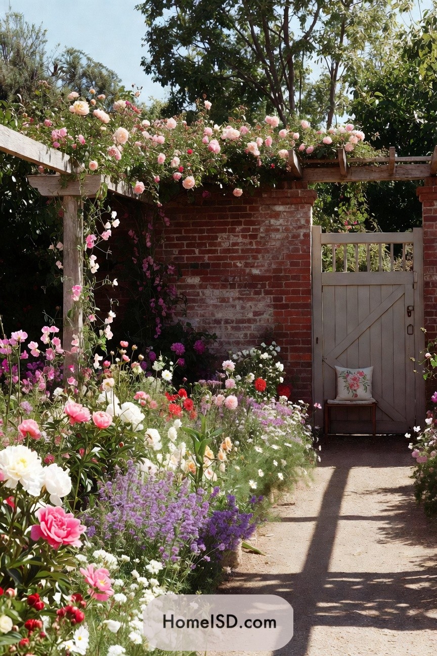 Colorful cottage-style flower border leading to a brick walled gate with climbing roses overhead