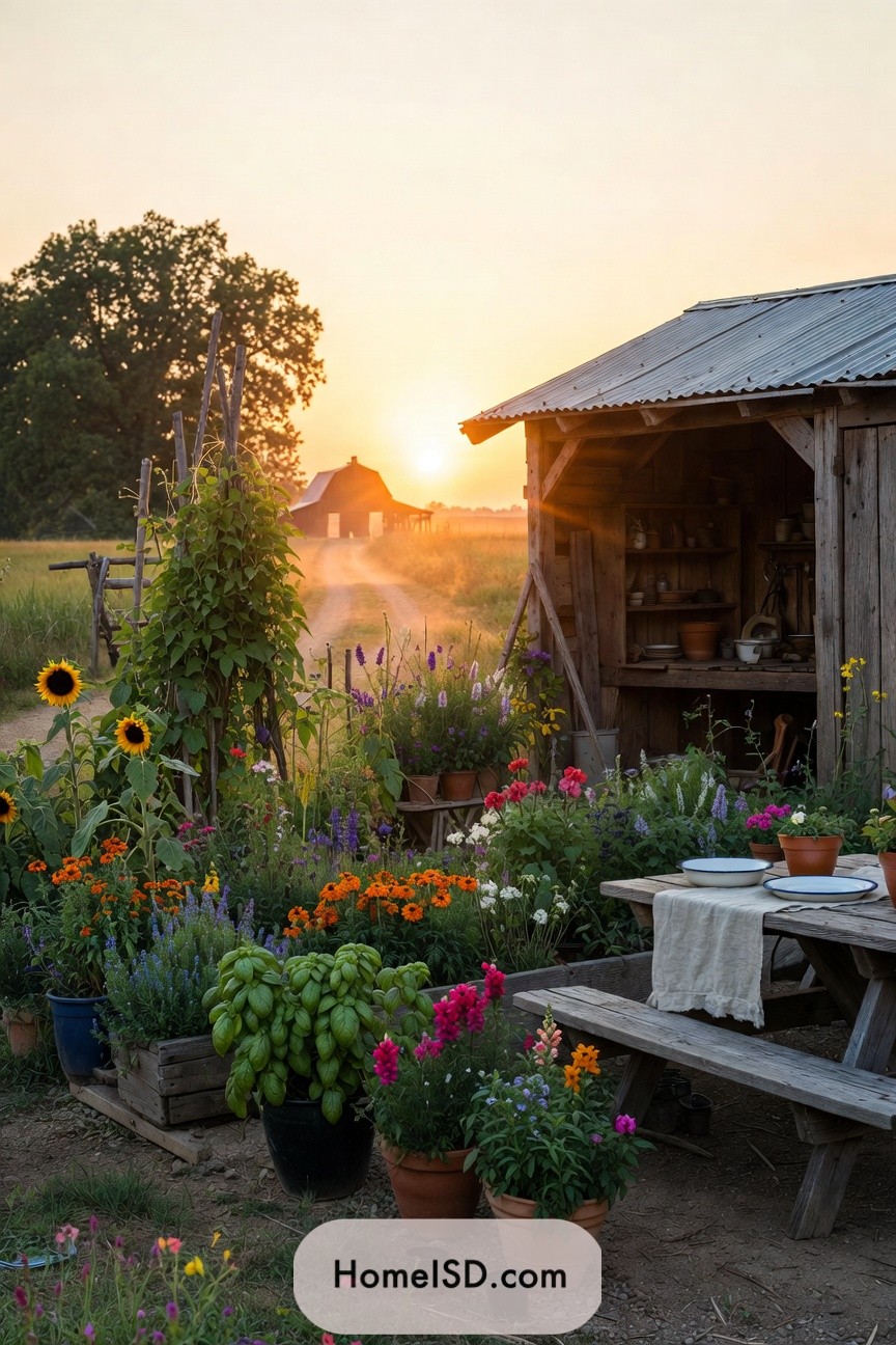 Rustic flower-filled farm garden at sunset