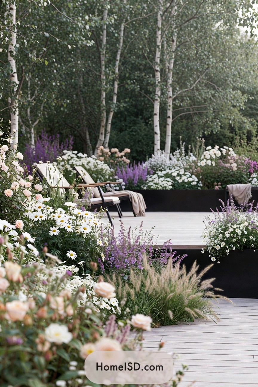Wooden deck lounge surrounded by birch trees and lush pastel summer flowers