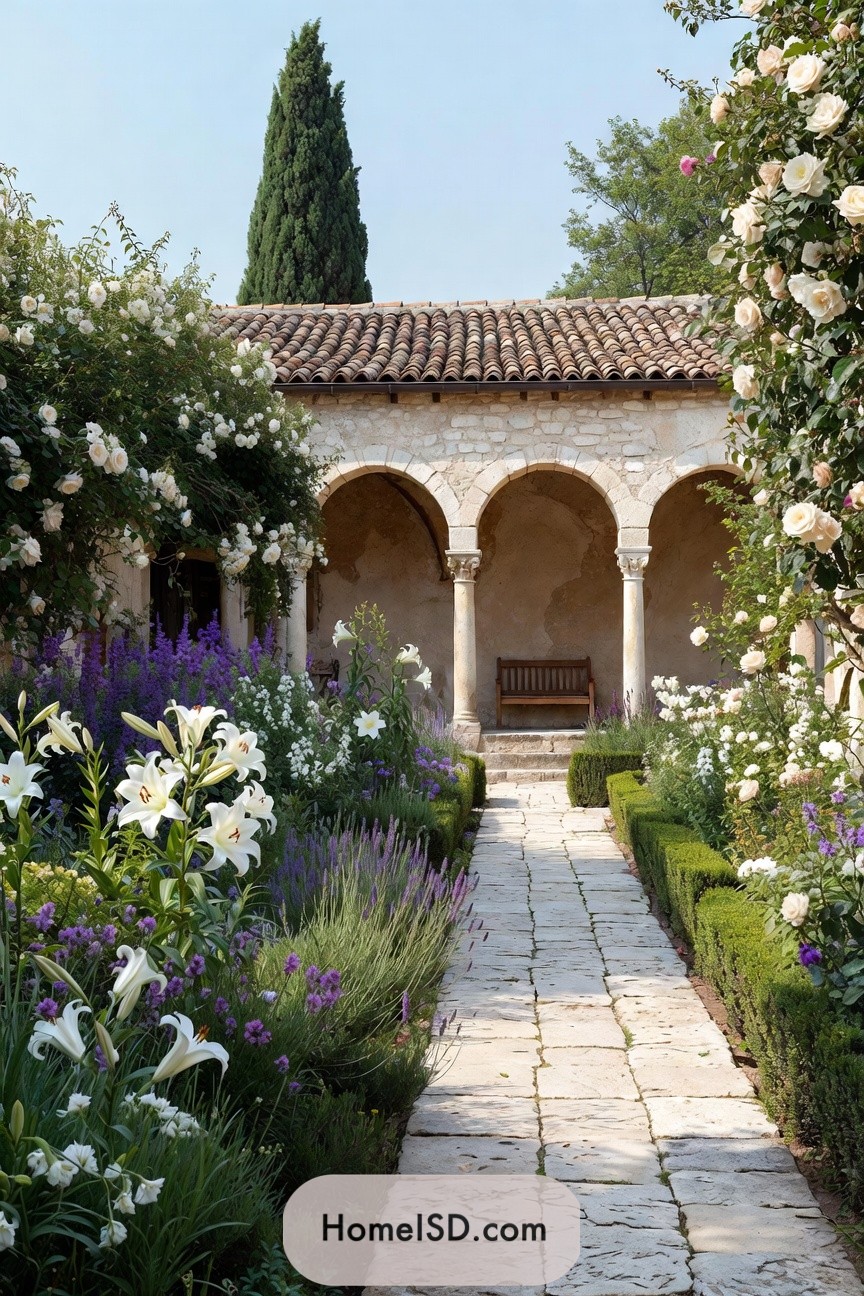 Stone cloister garden with lilies and roses