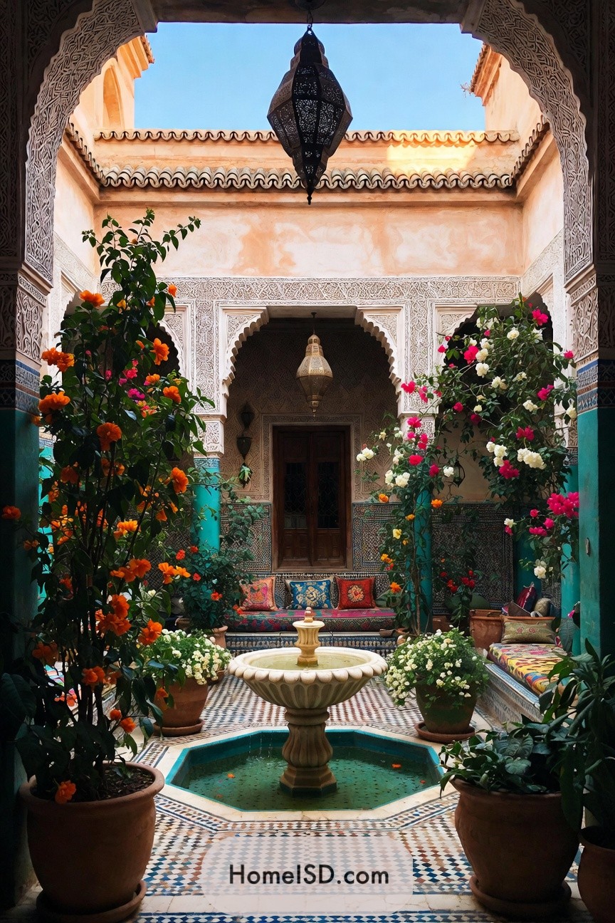 Colorful Moroccan courtyard garden with fountain