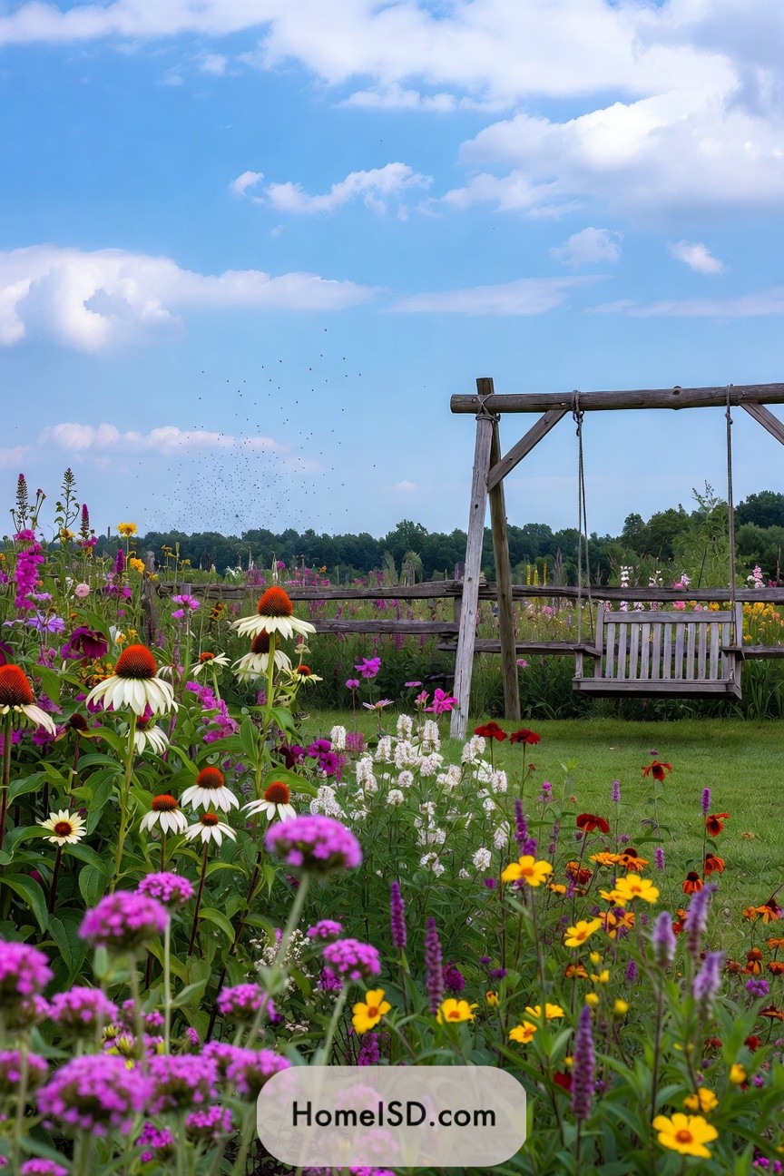 Colorful wildflower garden with wooden swing
