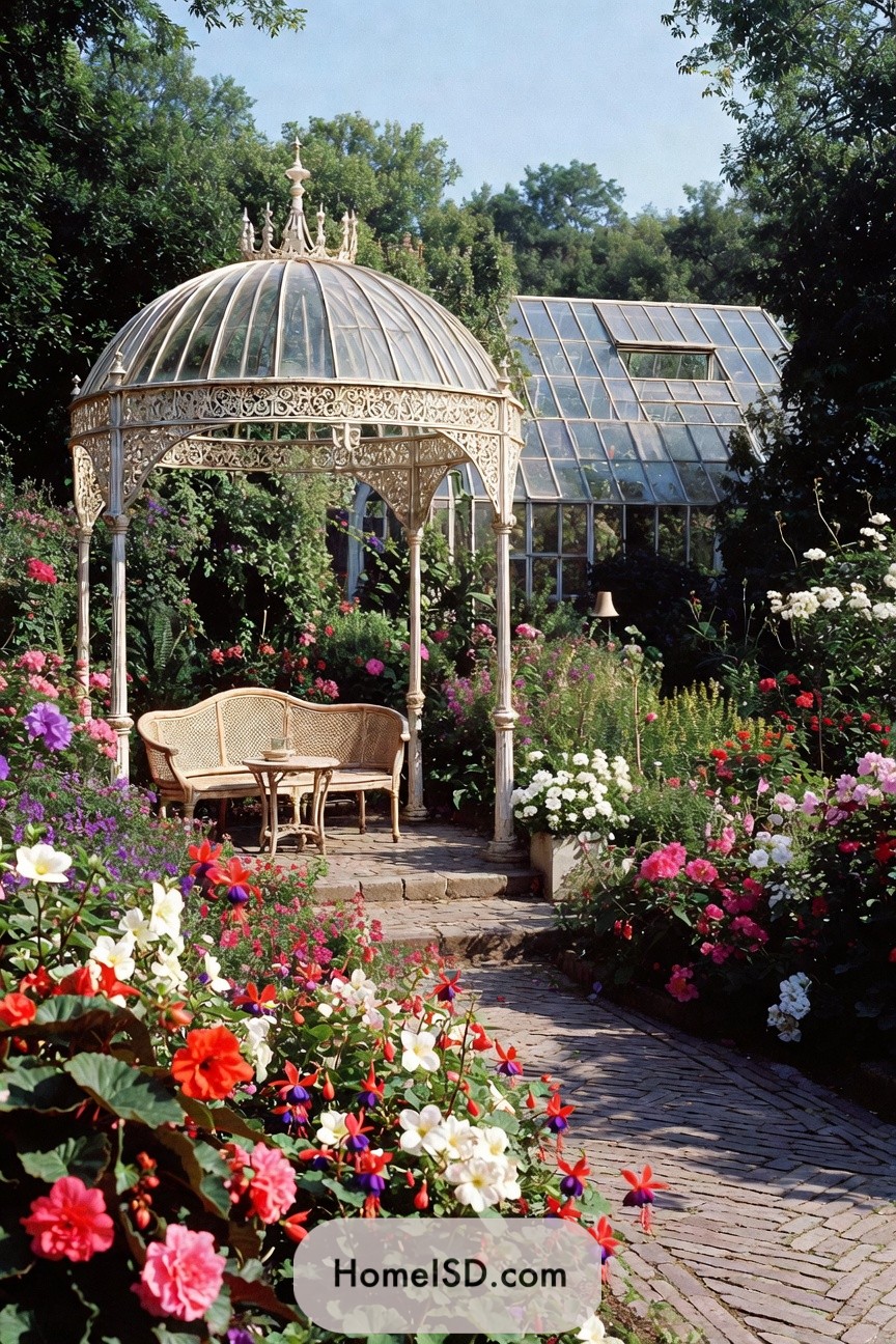Ornate gazebo seating amid lush summer flowers