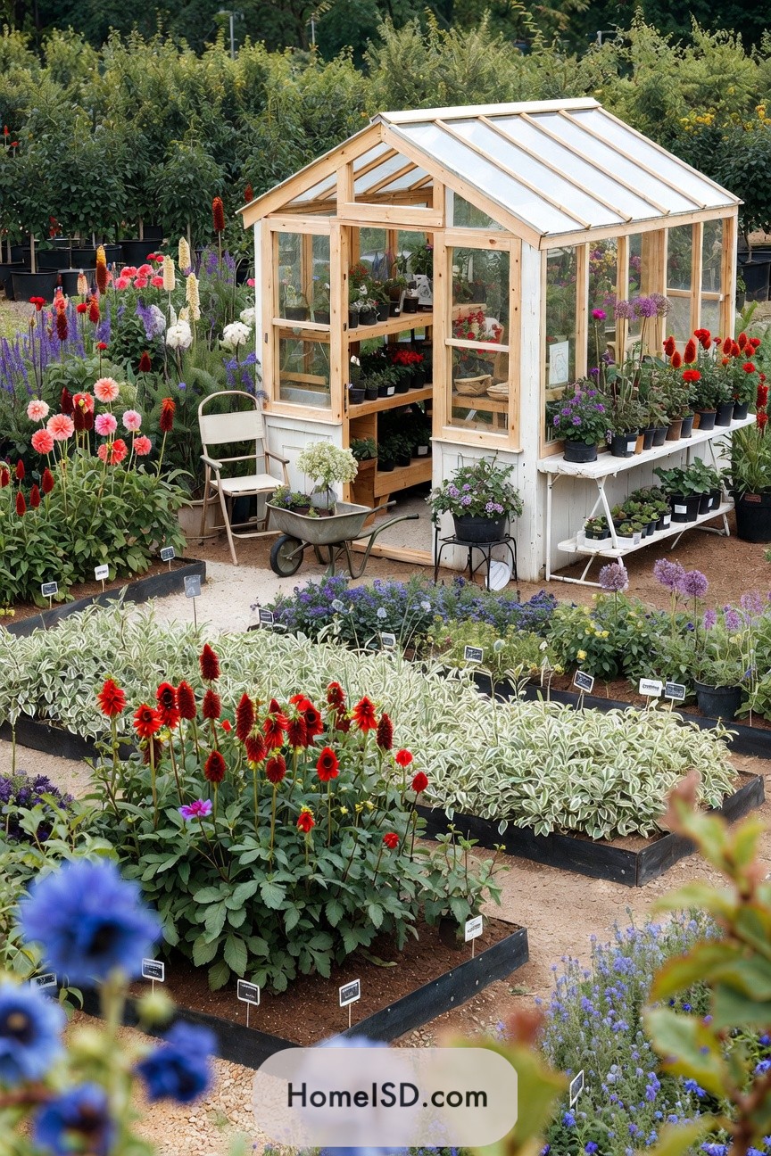 Small wooden greenhouse surrounded by colorful flower beds in a nursery-style layout
