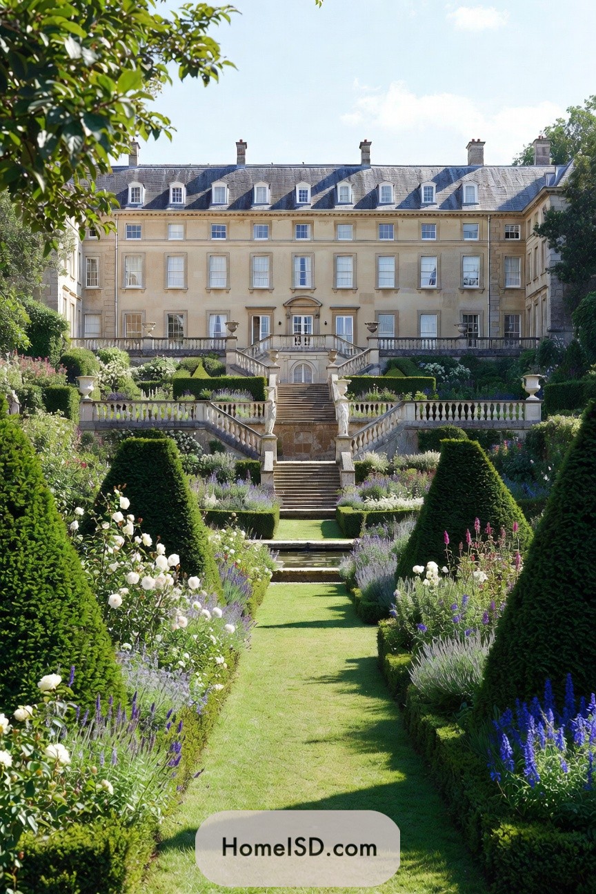 Formal terraced garden with manicured hedges, flowers, and a grand manor house