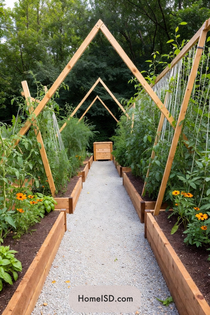 Wooden A frame trellis over raised tomato beds