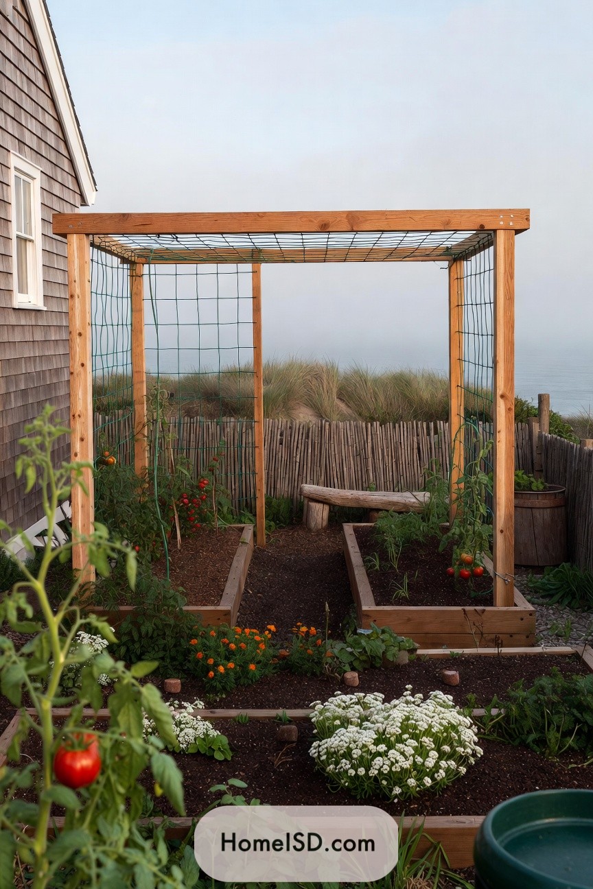 Wooden pergola-style tomato trellis over raised beds by a coastal cottage