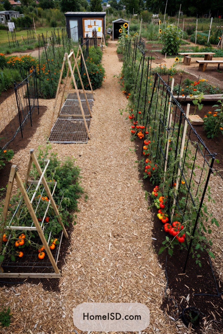 Wood-chip path lined with A-frame and panel tomato trellises in a tidy community garden