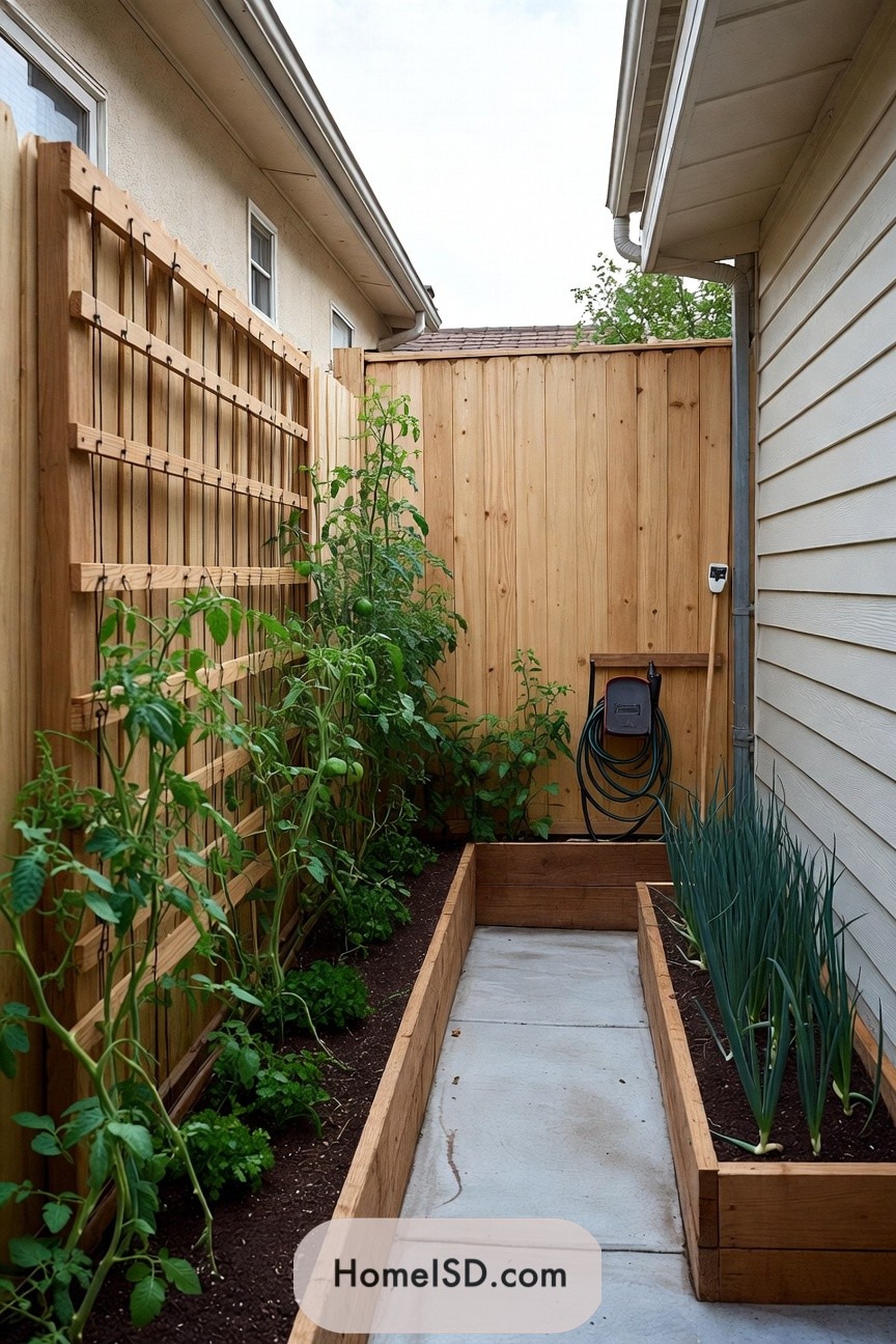 Narrow side yard with wooden tomato trellis and raised beds