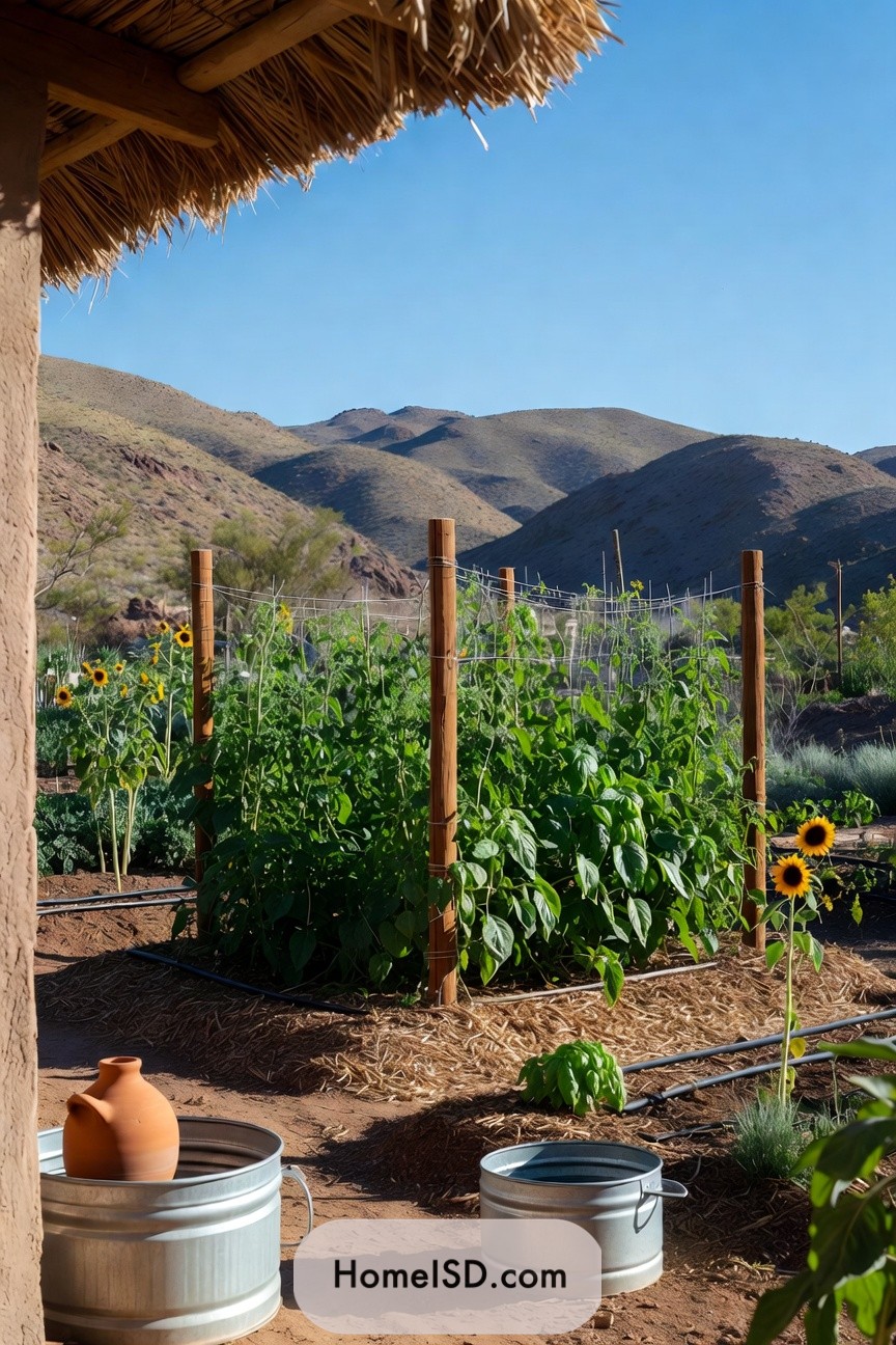 Tomato plants climbing a simple wire trellis framed by wooden posts in a sunlit desert garden with distant hills