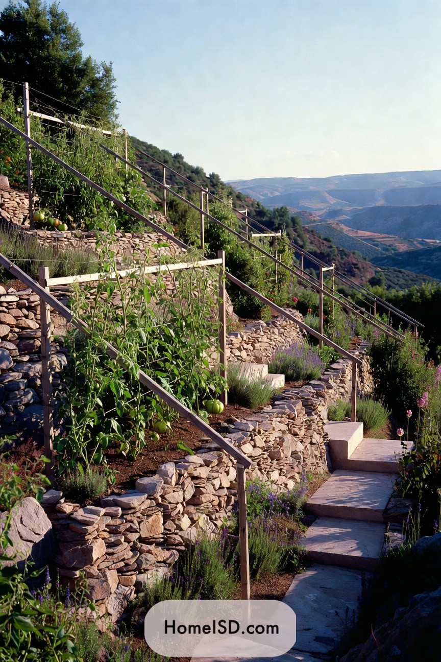 Tiered stone hillside garden with tomato trellises