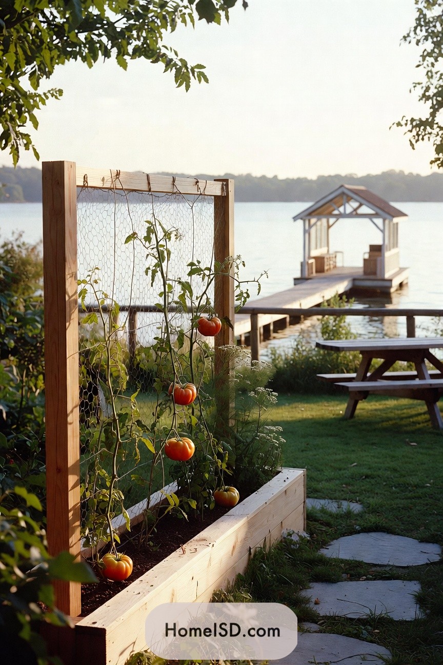 Raised wooden tomato bed with wire trellis beside a lakeside dock