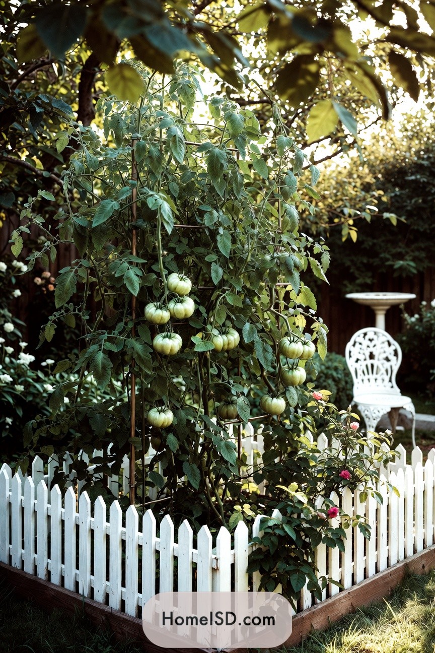 Tall tomato plant on simple trellis inside a small white picket-fenced garden bed
