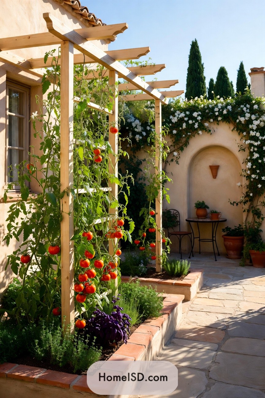 Wooden pergola-style tomato trellis along stucco patio
