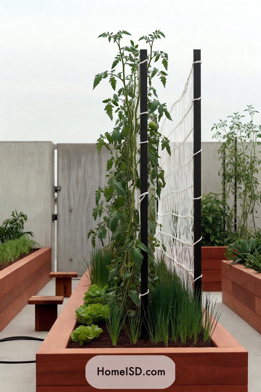 Tall tomato plants climbing white netting on a sleek raised bed