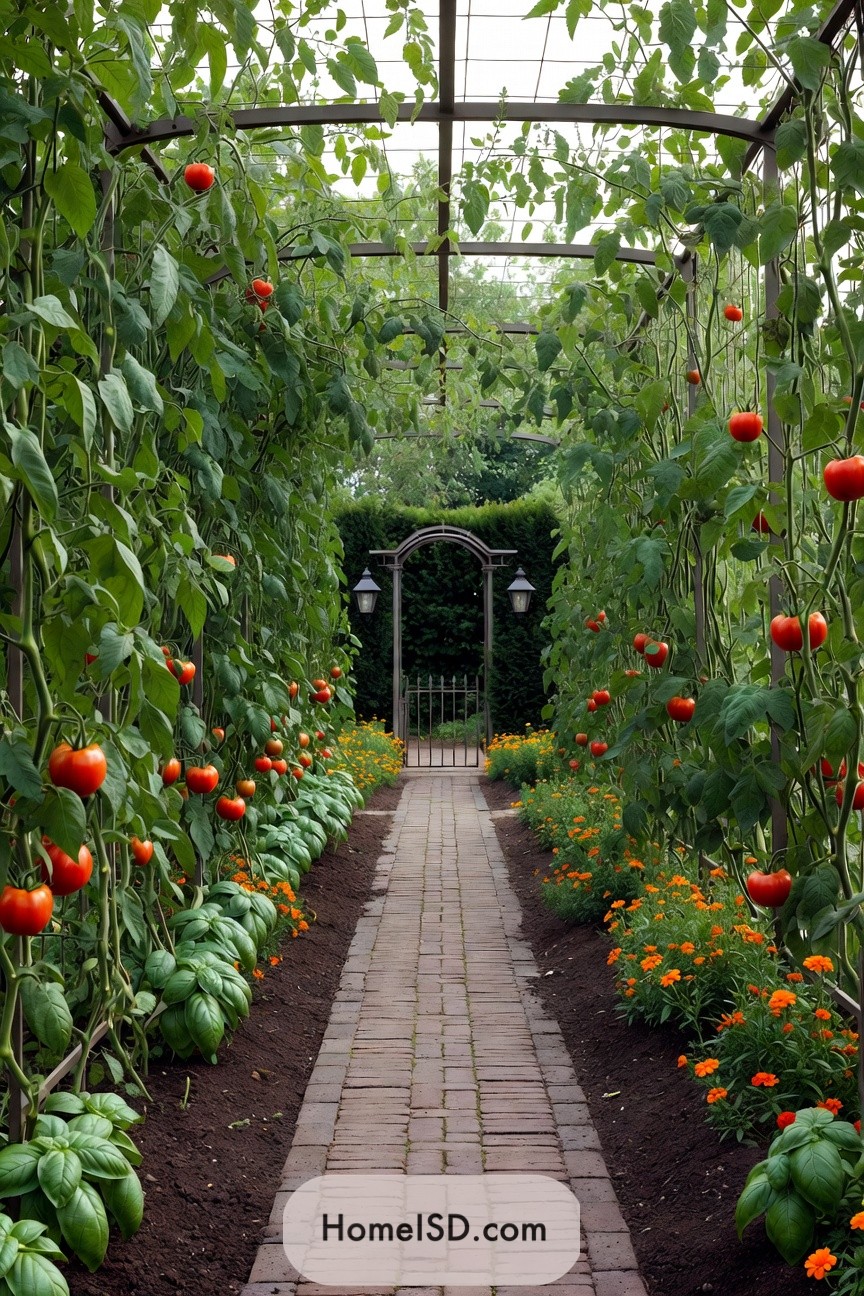 Tall tomato trellis tunnel over a brick walkway lined with flowers