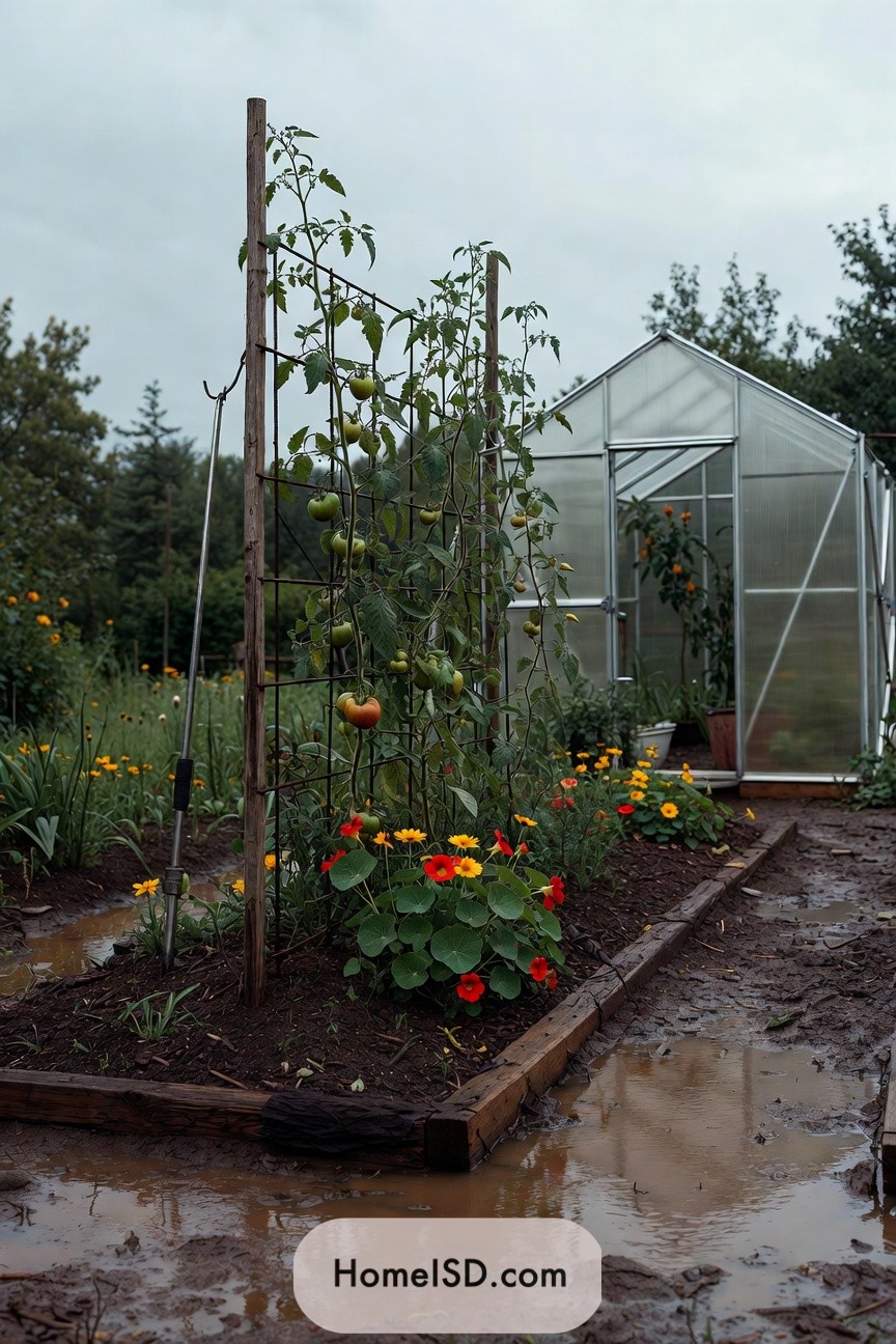 Tall wooden tomato trellis with climbing tomato vines bordered by flowers beside a small greenhouse on a muddy garden path