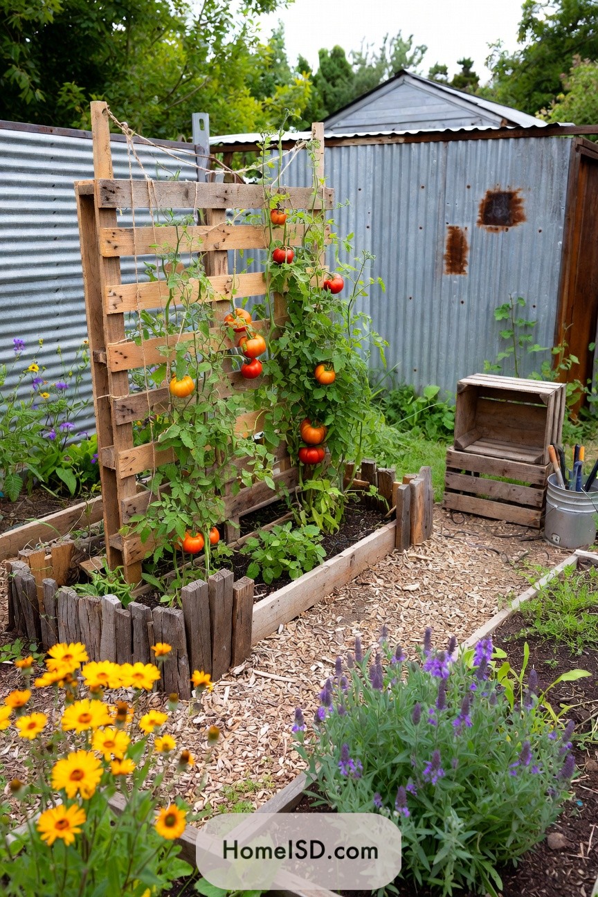 high-res photo of tomato trellis garden with a reclaimed-materials charm, tomatoes trained on repurposed pallet-wood frames with twine grids above uneven rustic beds, companion calendula and purple sage adding saturated accents, a patched fence and corrugated-metal shed as backdrop, a salvaged crate used as a seat beside a bucket of stakes, and scattered wood chips defining the path, real-life photo, high-resolution, landscape photography, cinematic composition.