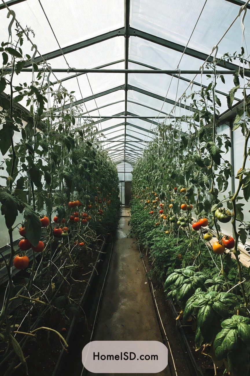 Long greenhouse aisle with trellised tomatoes