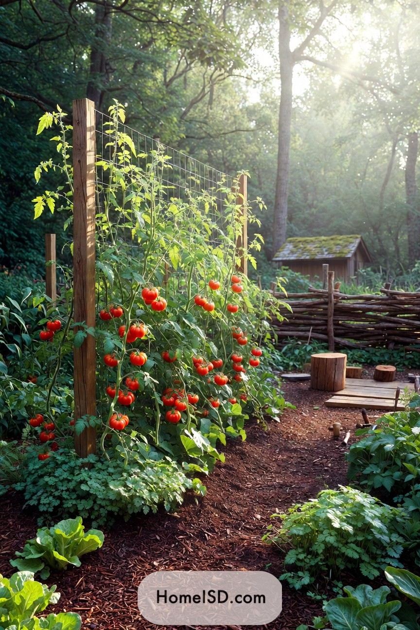 Tall wooden posts with wire mesh supporting fruit-laden tomato vines along a mulched garden path in a forested backyard