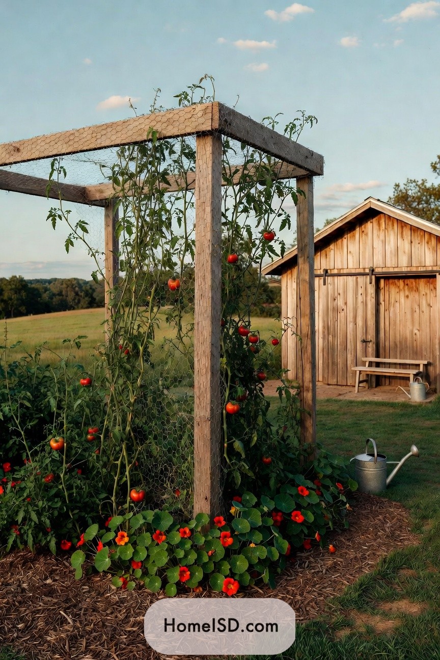 Wooden square tomato trellis in a country yard