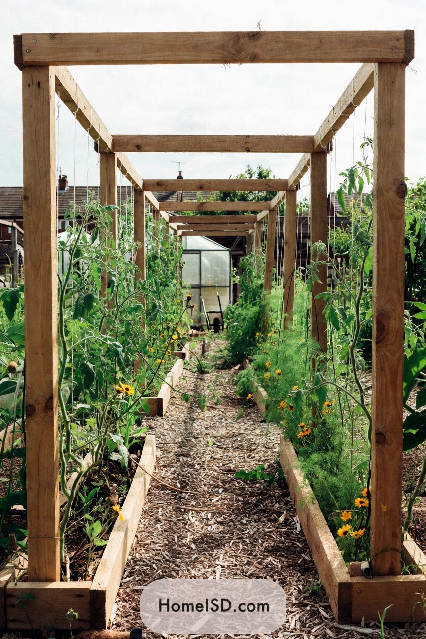 Wooden rectangular trellis frames over tomato beds